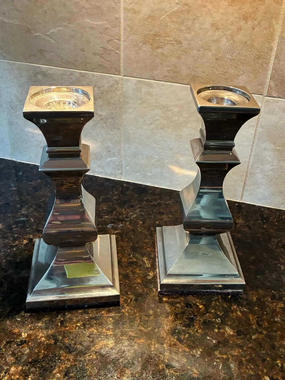 Source Unknown Mirrored Silver Taper Candle Holders - Pair